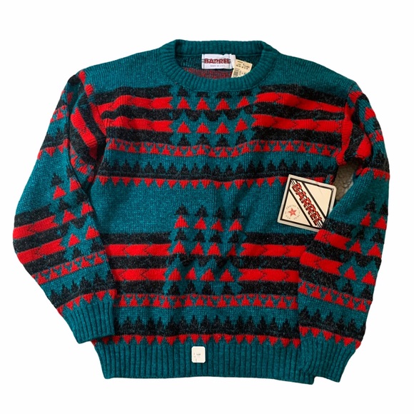 Vintage Sweaters - Vintage 90s Acrylic Teal Red Black Geo Sweater